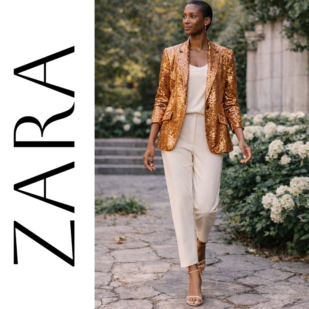 ZARA Limited Edition Bronze Sequin Tailored Blazer Evening Party Jacket,‎ Size S